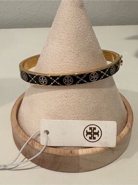 Tory Burch Black Enamel and Gold Logo Slim Bangle